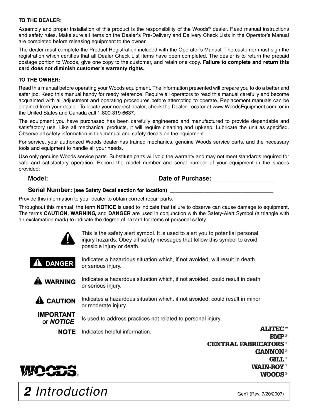 Woods Equipment 59LB-1 manual Introduction, To the Dealer 