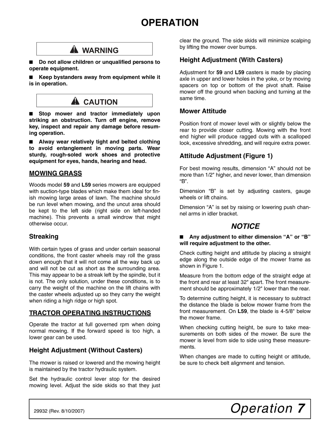 Woods Equipment 59LB-1 manual Operation, Mowing Grass, Tractor Operating Instructions 