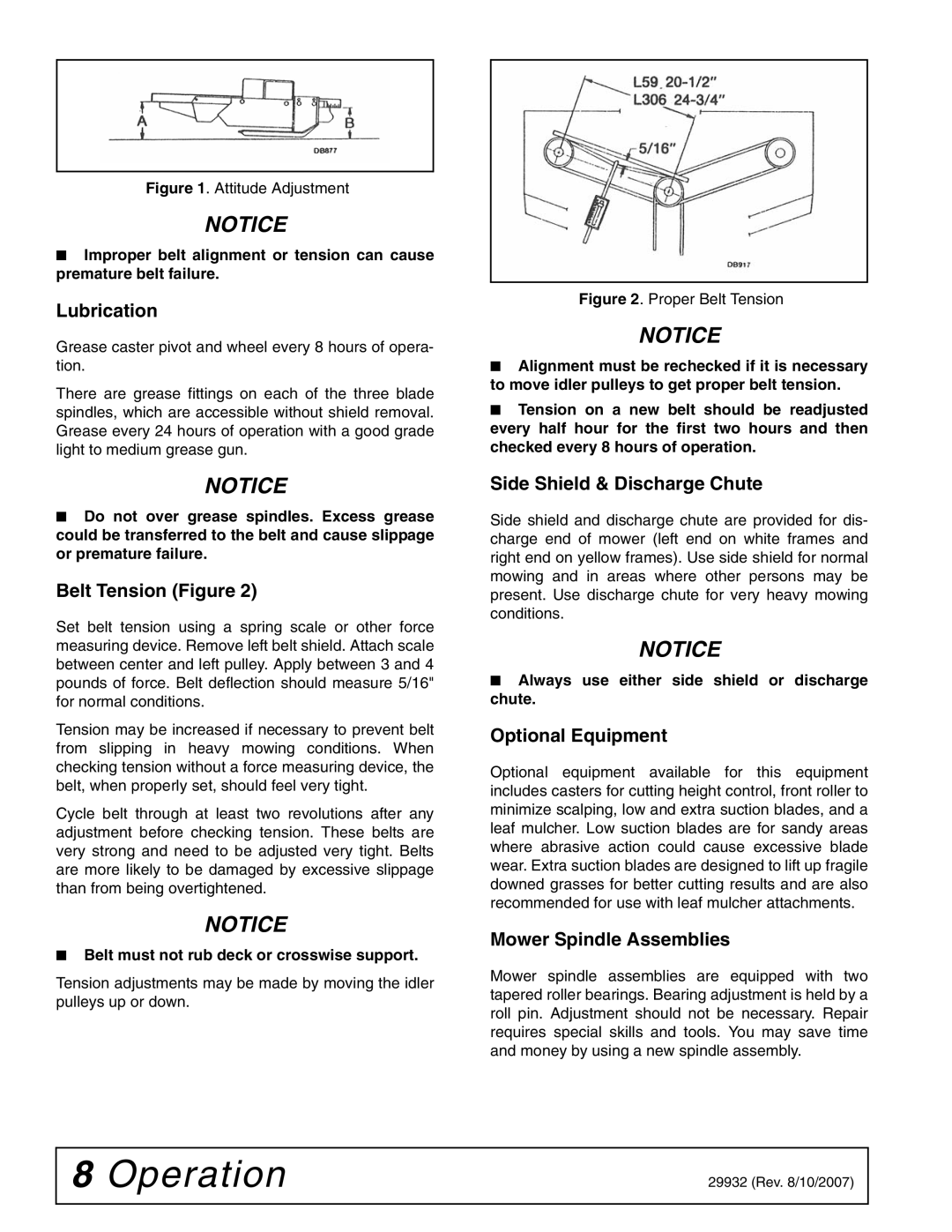 Woods Equipment 59LB-1 manual Lubrication, Belt Tension Figure, Side Shield & Discharge Chute, Optional Equipment 