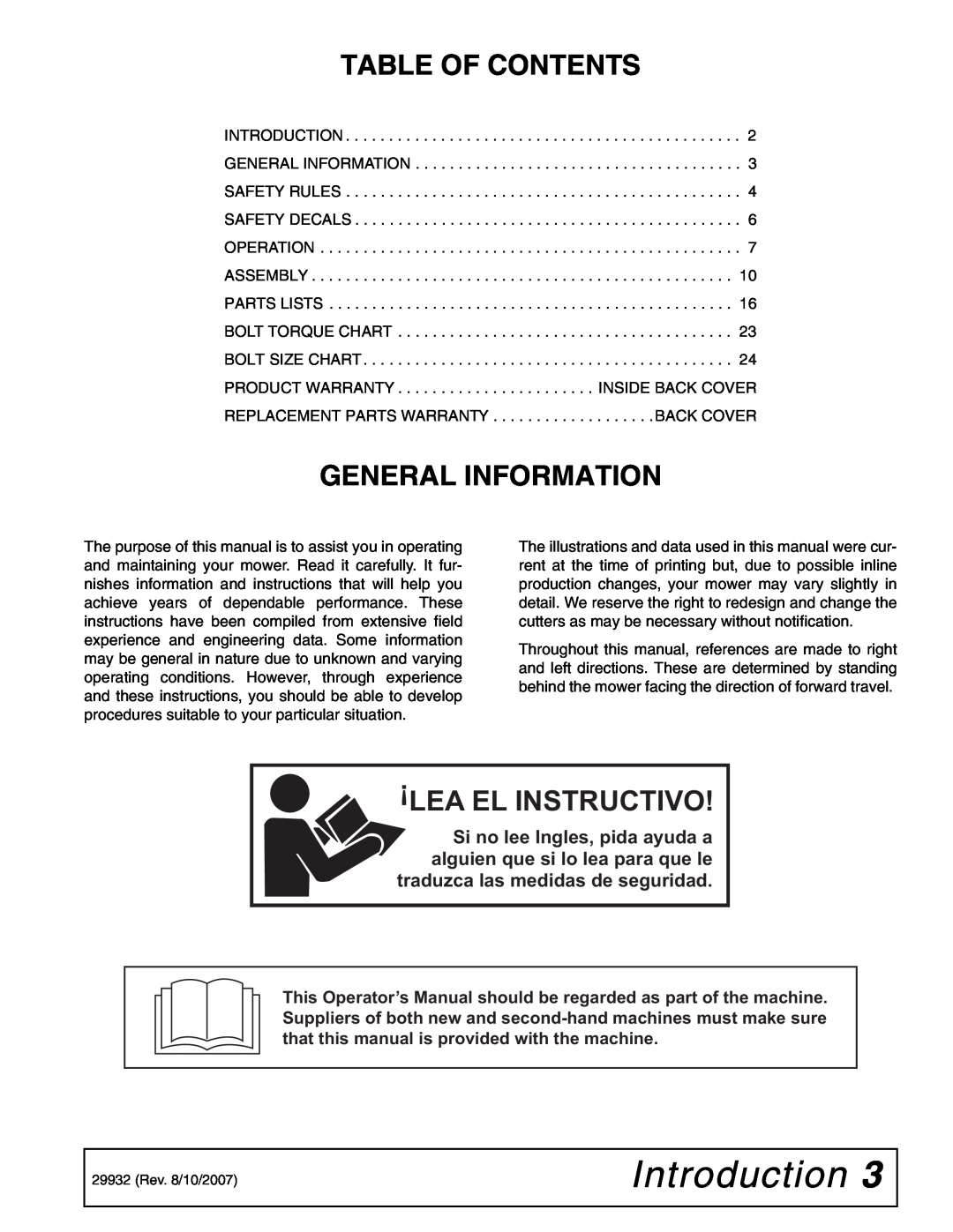 Woods Equipment 59LB-1 manual Introduction, Table Of Contents, General Information, Lea El Instructivo 