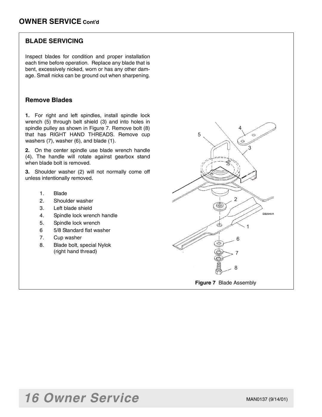 Woods Equipment 7000, 7192, 7194, 7195, 7200, 7205 manual Blade Servicing, Remove Blades 