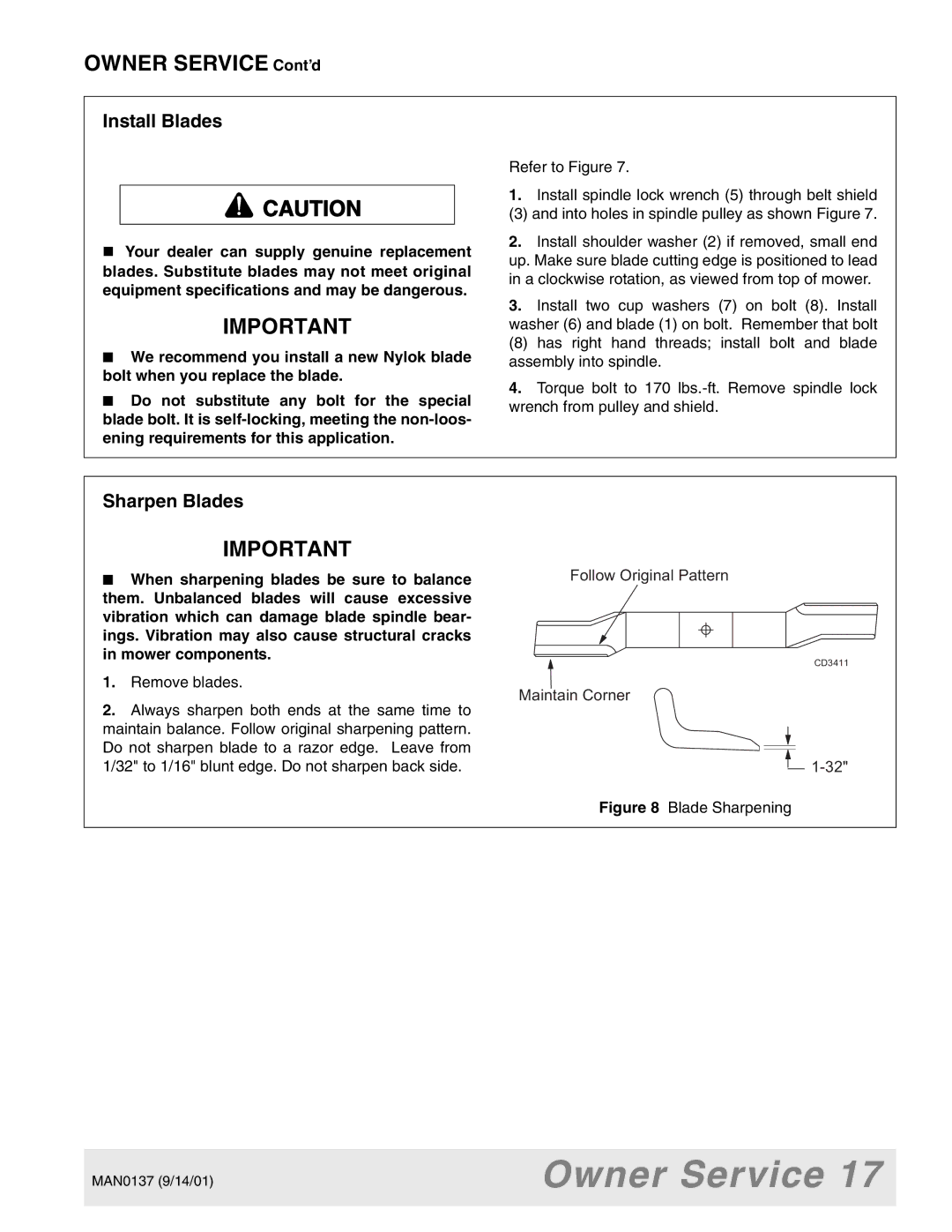 Woods Equipment 7000, 7192, 7194, 7195, 7200, 7205 manual Install Blades, Sharpen Blades 