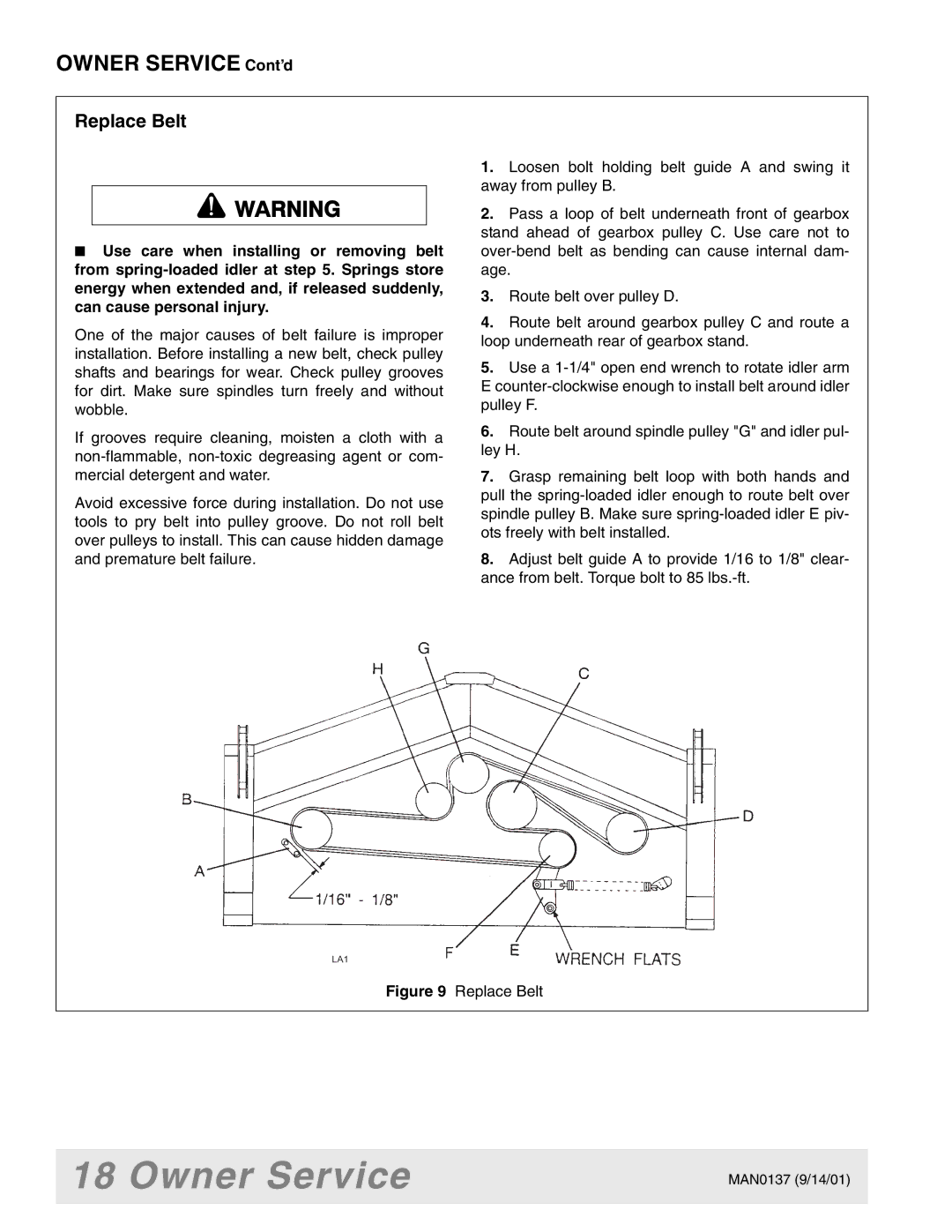 Woods Equipment 7000, 7192, 7194, 7195, 7200, 7205 manual Replace Belt, Use care when installing or removing belt 