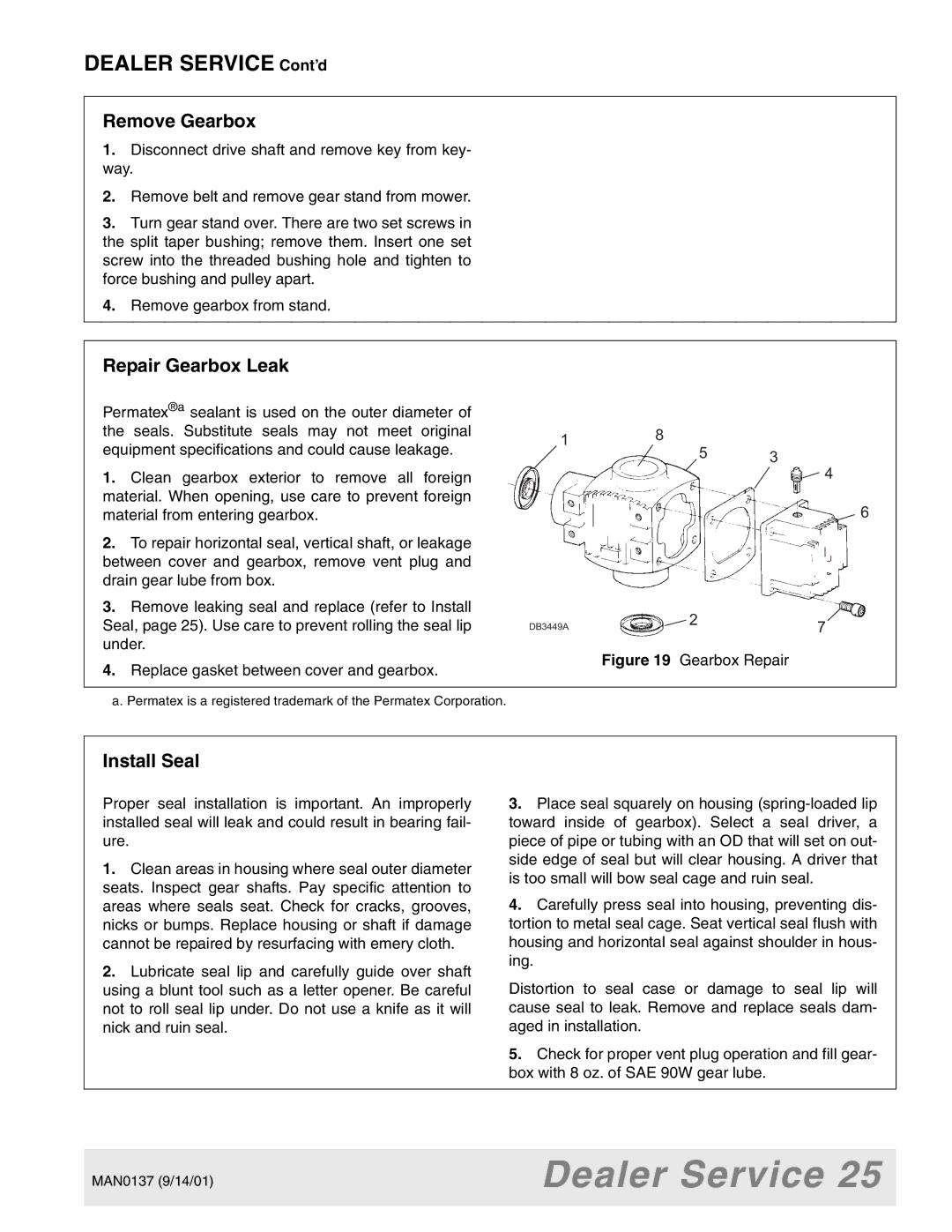 Woods Equipment 7000, 7192, 7194, 7195, 7200, 7205 manual Remove Gearbox, Repair Gearbox Leak, Install Seal 