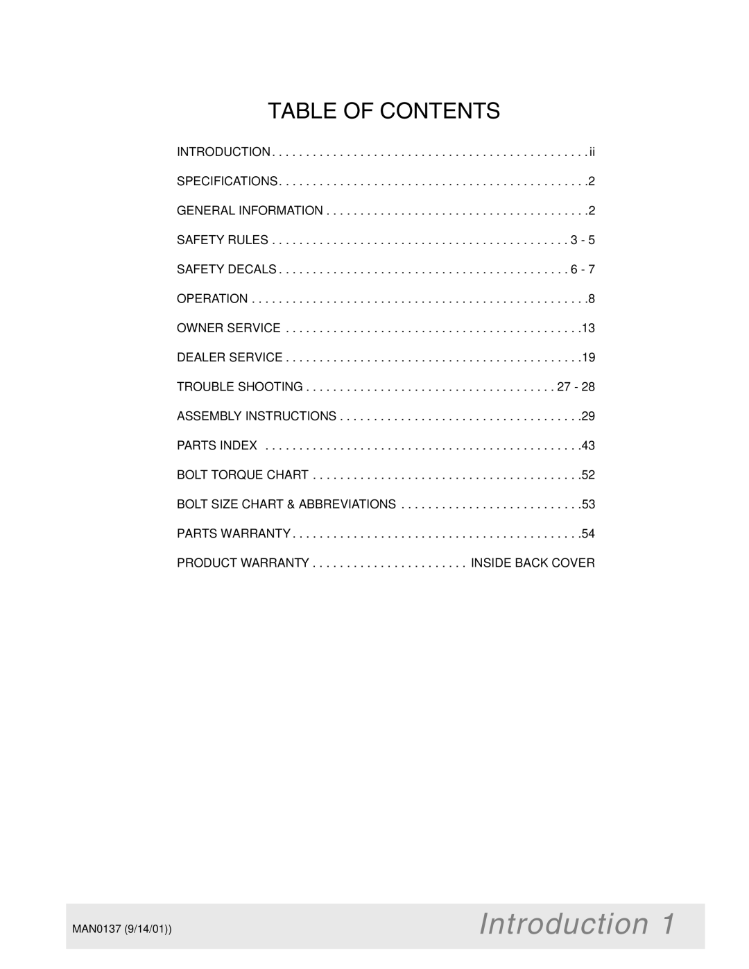 Woods Equipment 7000, 7192, 7194, 7195, 7200, 7205 manual Introduction, Table of Contents 