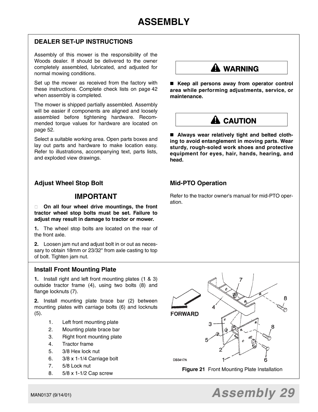 Woods Equipment 7000, 7192, 7194, 7195, 7200, 7205 Assembly, Dealer SET-UP Instructions, Install Front Mounting Plate 