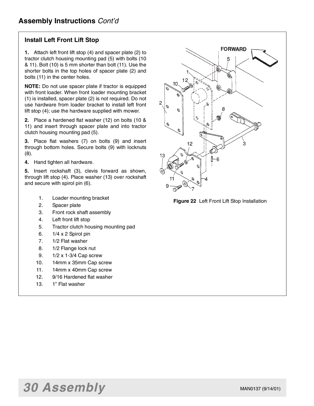 Woods Equipment 7000, 7192, 7194, 7195, 7200, 7205 manual Assembly Instructions Cont’d, Install Left Front Lift Stop 