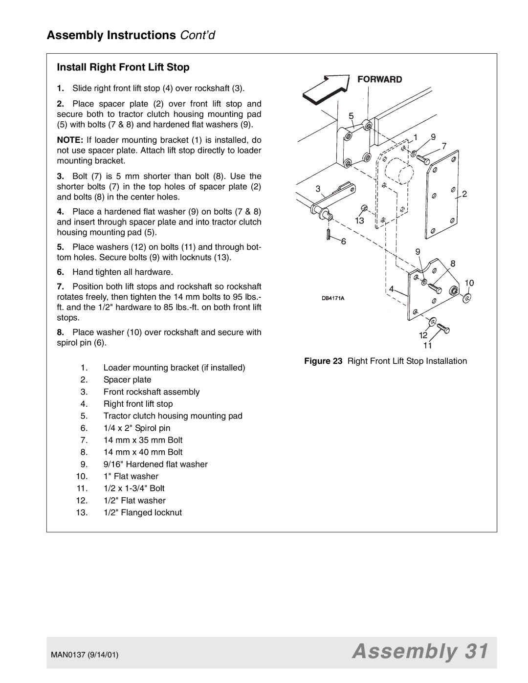 Woods Equipment 7000, 7192, 7194, 7195, 7200, 7205 manual Install Right Front Lift Stop 