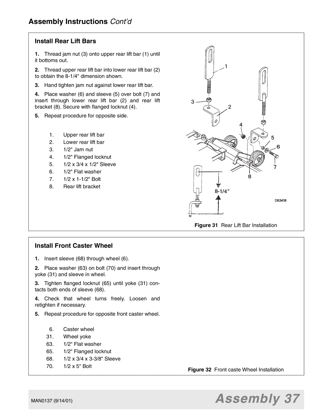 Woods Equipment 7000, 7192, 7194, 7195, 7200, 7205 manual Install Rear Lift Bars, Install Front Caster Wheel 