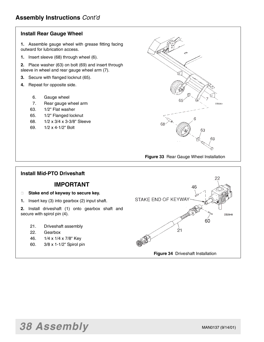 Woods Equipment 7000, 7192, 7194, 7195, 7200, 7205 manual Install Rear Gauge Wheel, Install Mid-PTO Driveshaft 