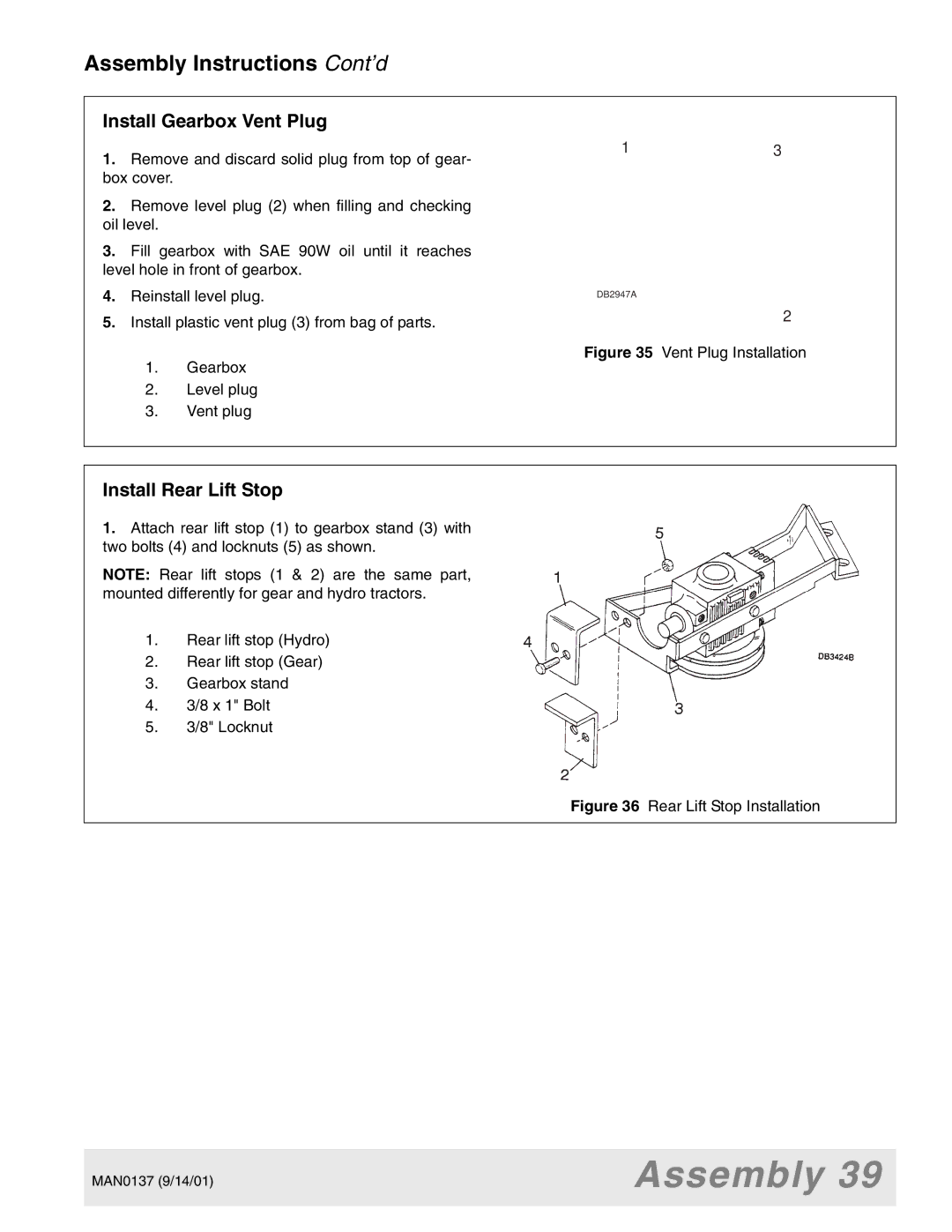 Woods Equipment 7000, 7192, 7194, 7195, 7200, 7205 manual Install Gearbox Vent Plug, Install Rear Lift Stop 