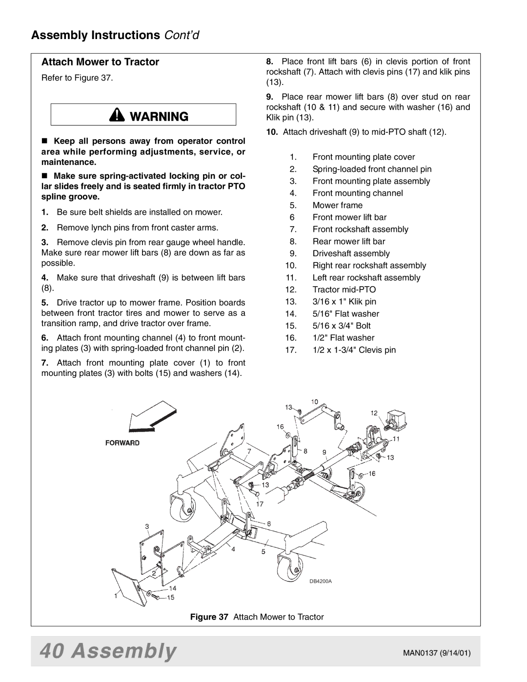 Woods Equipment 7000, 7192, 7194, 7195, 7200, 7205 manual Attach Mower to Tractor 