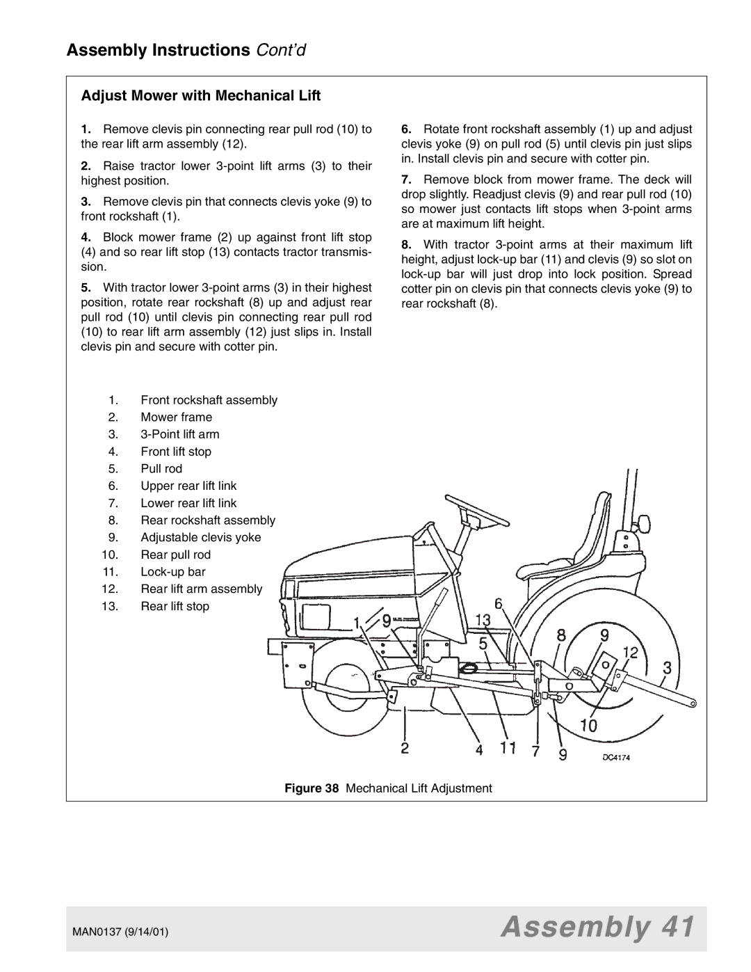 Woods Equipment 7000, 7192, 7194, 7195, 7200, 7205 manual Adjust Mower with Mechanical Lift, Mechanical Lift Adjustment 