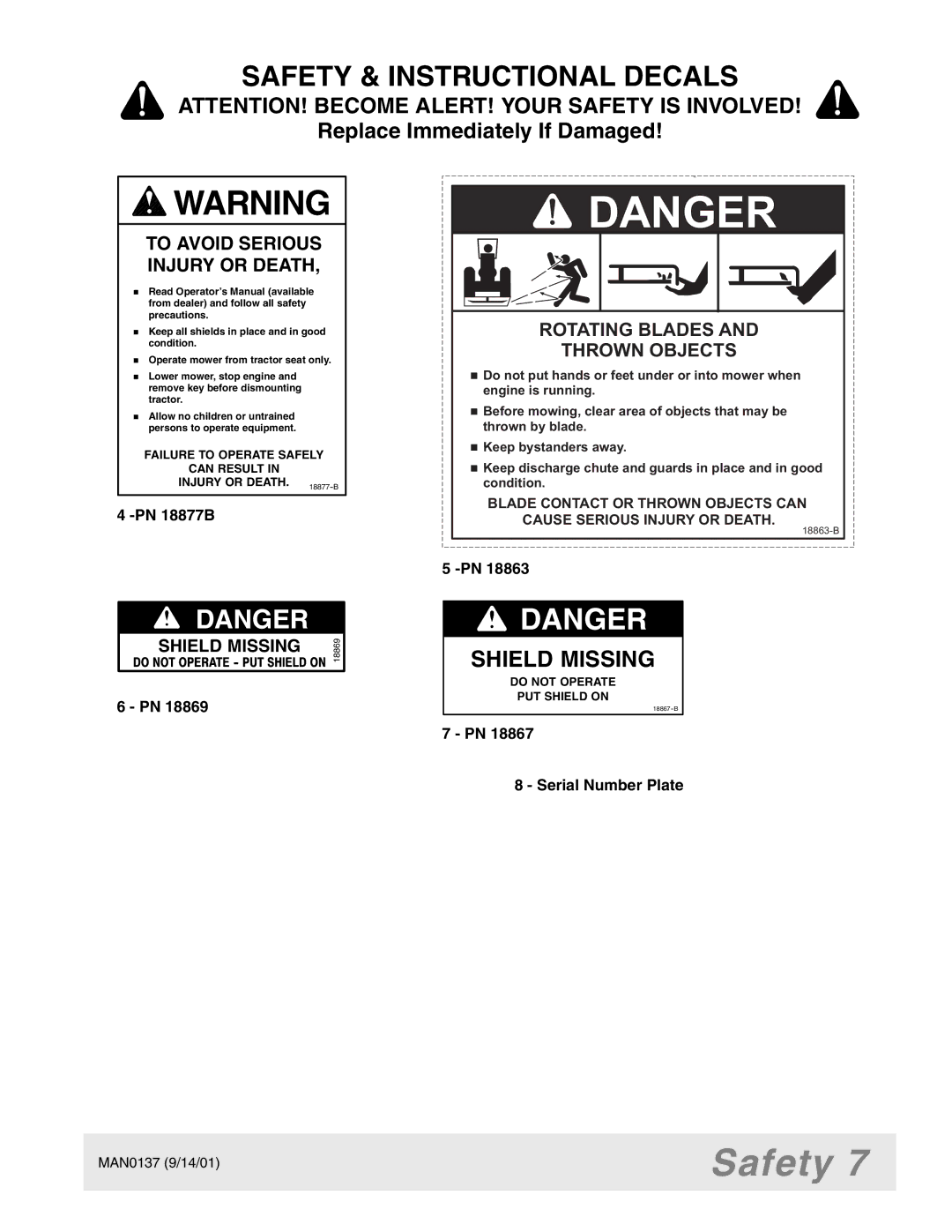 Woods Equipment 7000, 7192, 7194, 7195, 7200, 7205 manual To Avoid Serious Injury or Death, PN 18877B, Serial Number Plate 