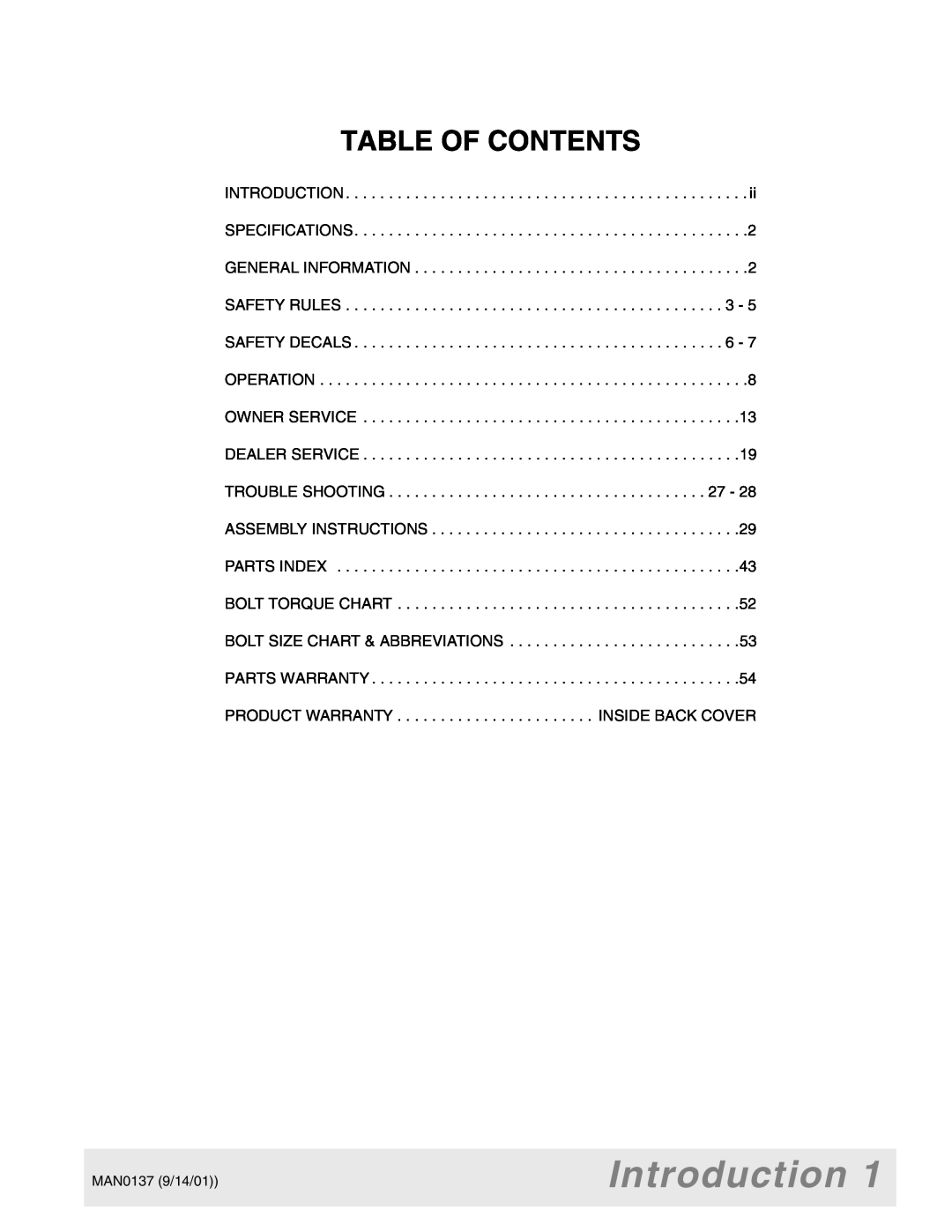 Woods Equipment 7000, 7192, 7194, 7195, 7200, 7205 manual Introduction, Table Of Contents 