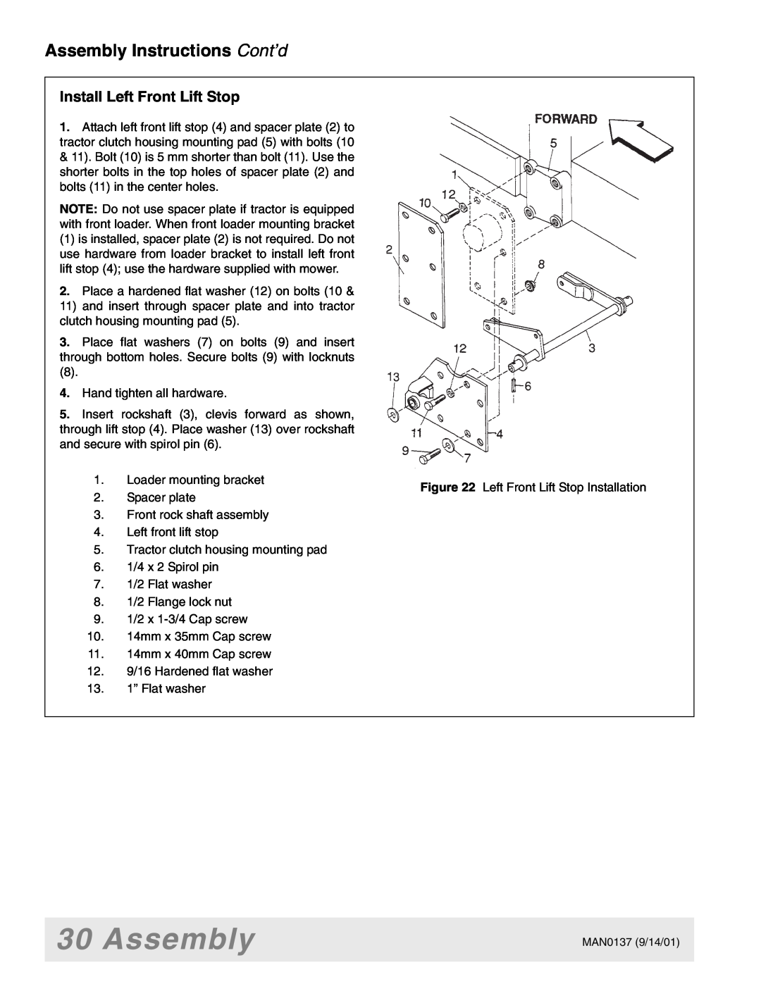 Woods Equipment 7000, 7192, 7194, 7195, 7200, 7205 manual Assembly Instructions Cont’d, Install Left Front Lift Stop 