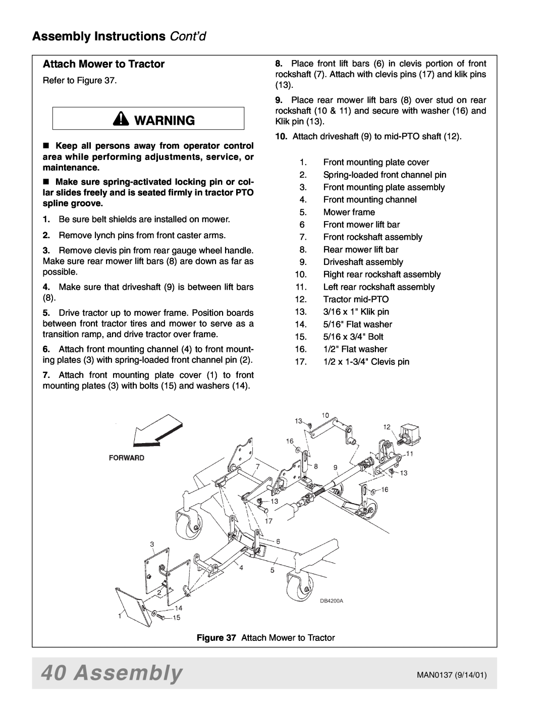 Woods Equipment 7000, 7192, 7194, 7195, 7200, 7205 manual Attach Mower to Tractor, Assembly Instructions Cont’d 