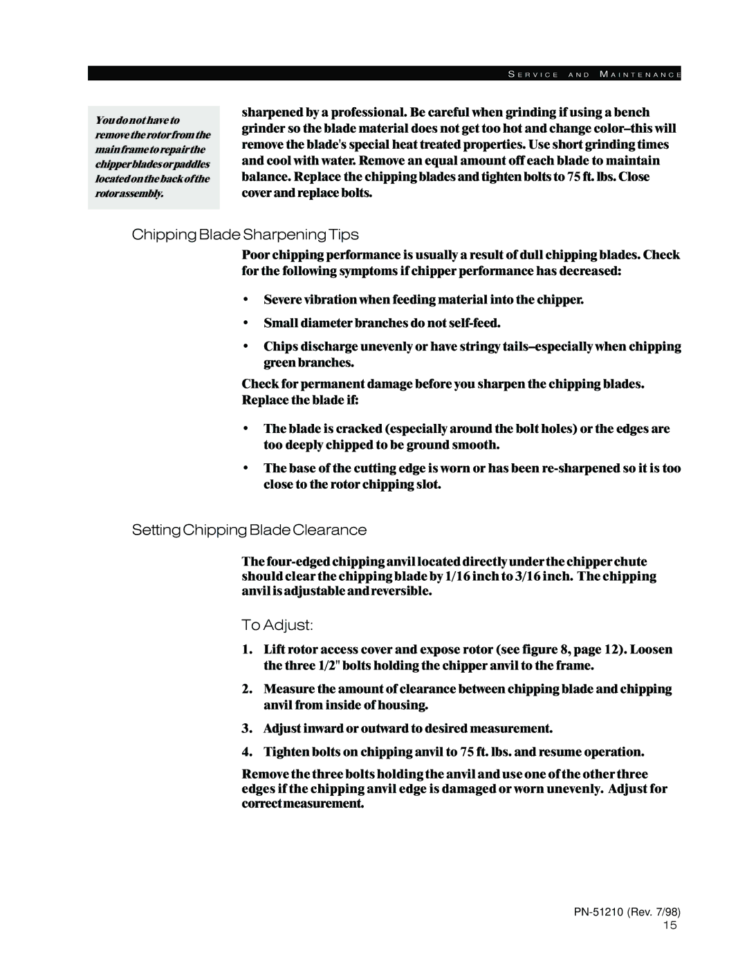 Woods Equipment 8100, 8000 manual Chipping Blade Sharpening Tips, SettingChippingBladeClearance, To Adjust 