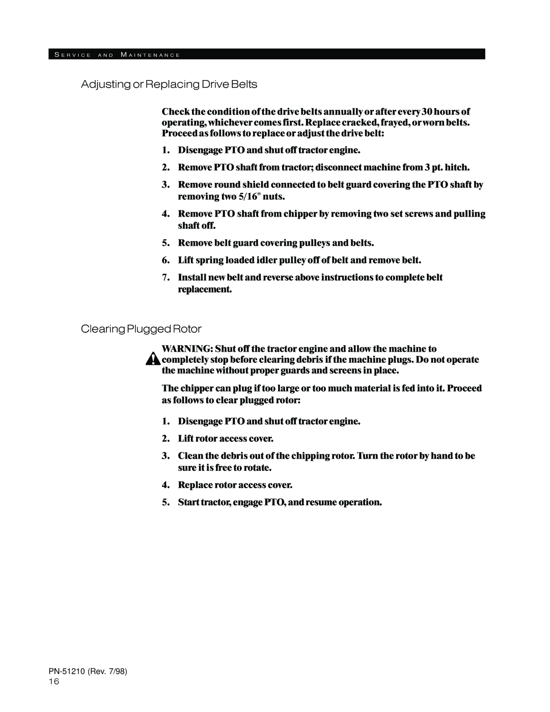 Woods Equipment 8000, 8100 manual Adjusting or Replacing Drive Belts, Clearing Plugged Rotor 