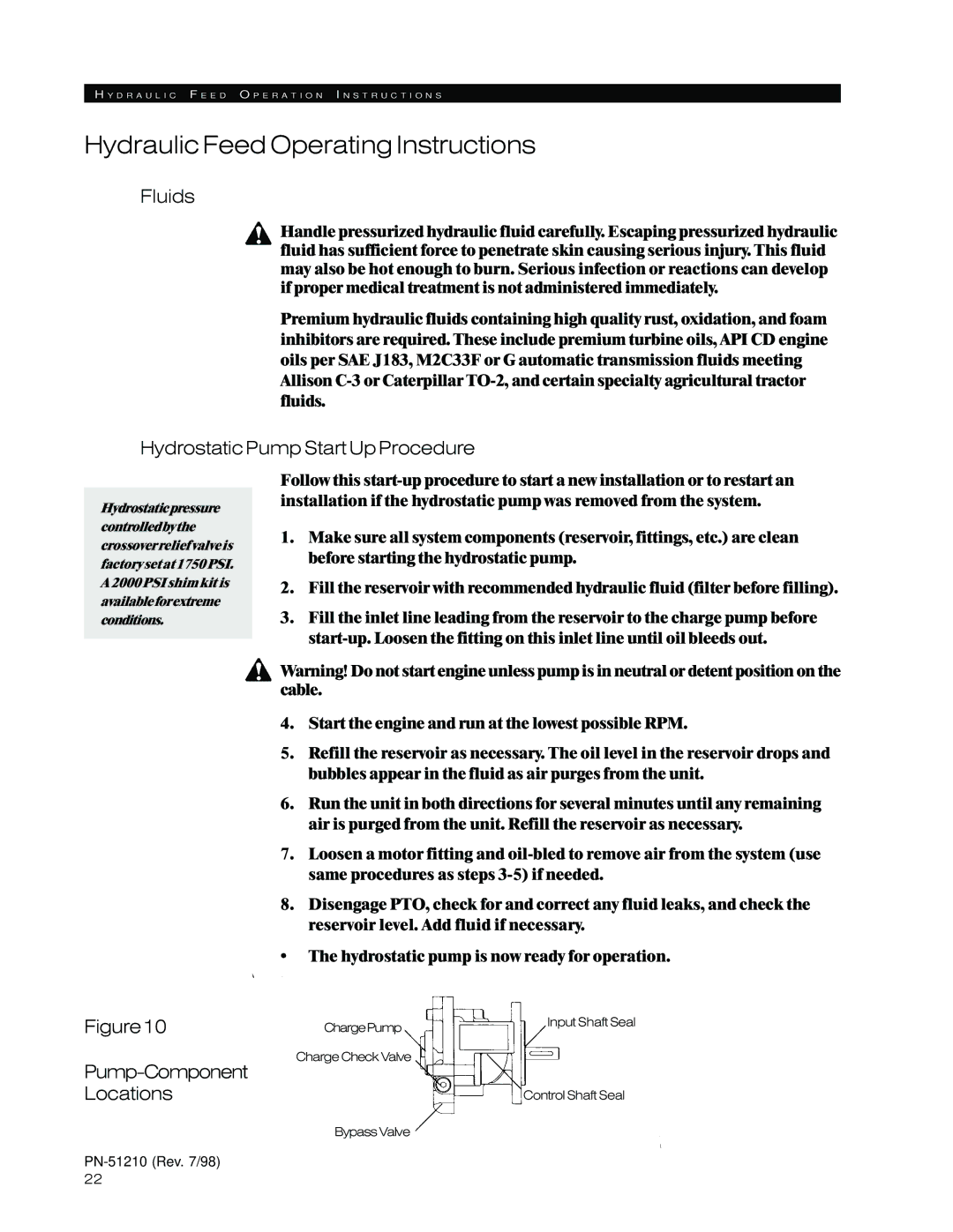 Woods Equipment 8000, 8100 manual Hydraulic Feed Operating Instructions, Fluids, Hydrostatic Pump Start Up Procedure 