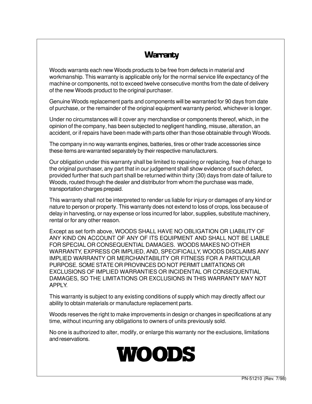 Woods Equipment 8100, 8000 manual Warranty 