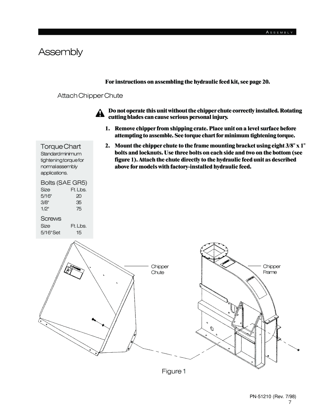 Woods Equipment 8100, 8000 manual Assembly, Attach Chipper Chute TorqueChart 