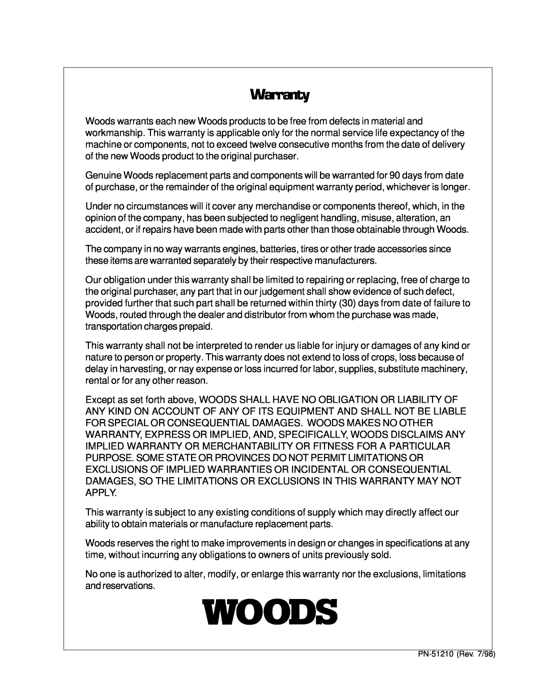 Woods Equipment 8100, 8000 manual Warranty 