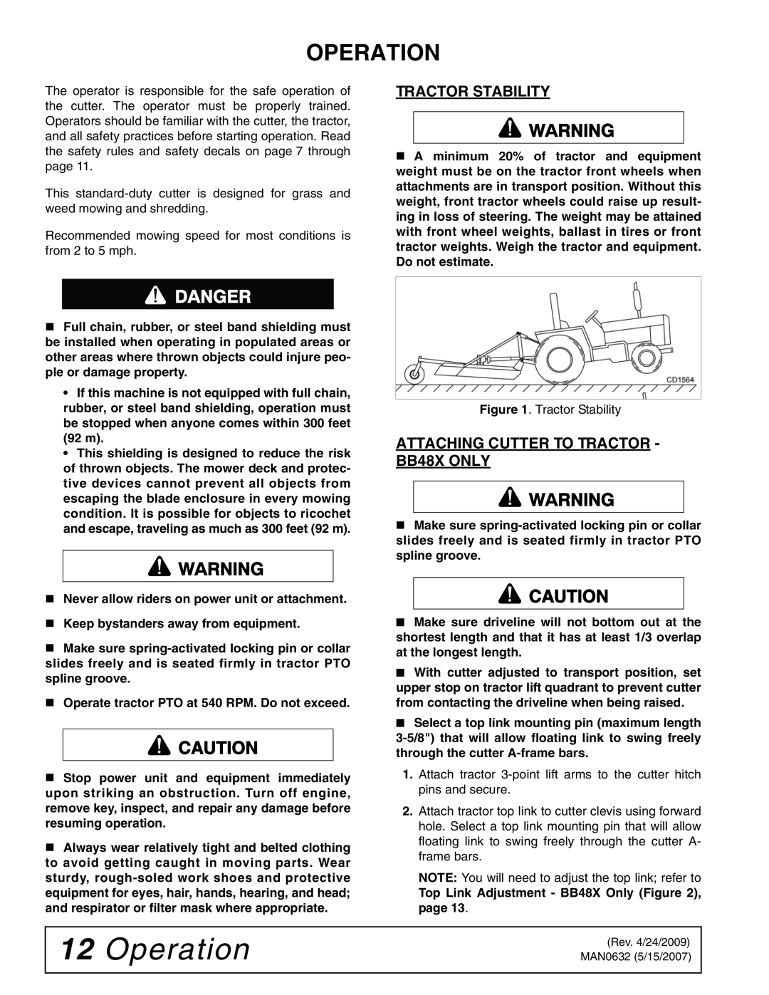 Woods Equipment BB84X, BB60X, BB72X manual Operation, Tractor Stability, Attaching Cutter to Tractor BB48X only 