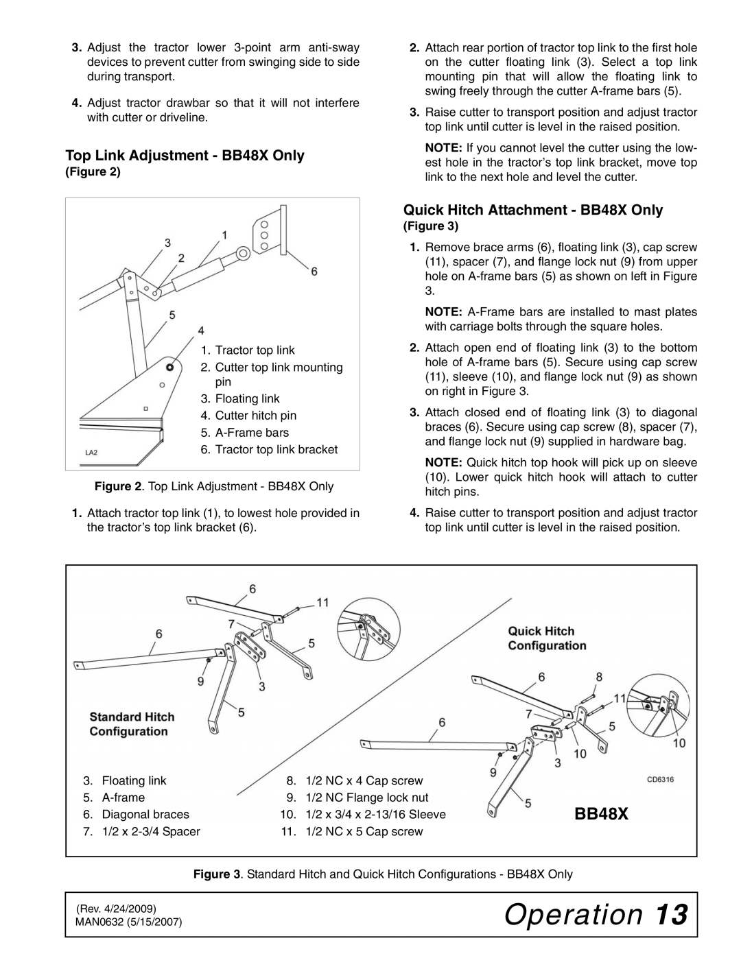 Woods Equipment BB84X, BB60X, BB72X manual Top Link Adjustment BB48X Only, Quick Hitch Attachment BB48X Only 