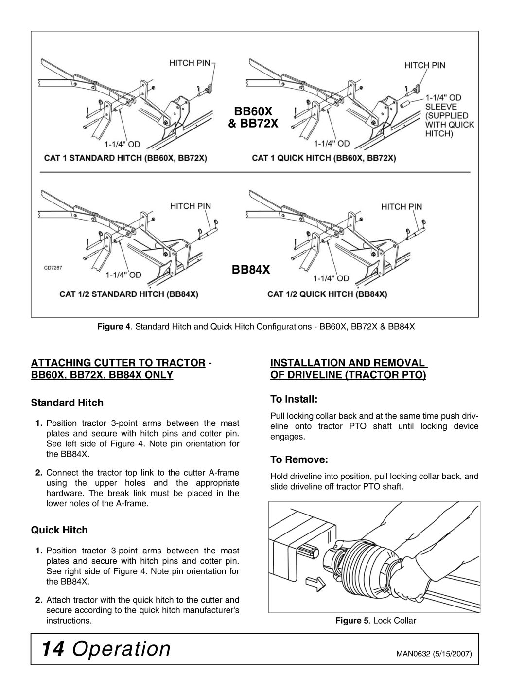 Woods Equipment Attaching Cutter to Tractor BB60X, BB72X, BB84X only, Installation and Removal Driveline Tractor PTO 