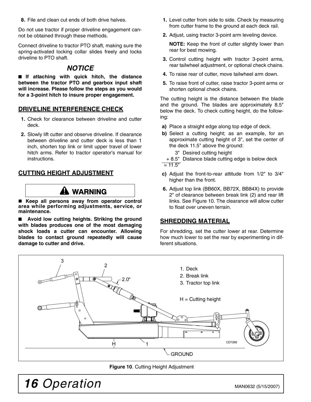 Woods Equipment BB48X, BB84X, BB60X, BB72X manual Driveline Interference Check, Cutting Height Adjustment, Shredding Material 