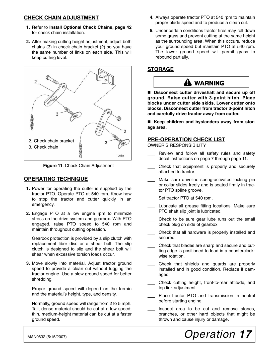 Woods Equipment BB84X, BB48X, BB60X, BB72X manual Check Chain Adjustment, Operating Technique, PRE-OPERATION Check List 