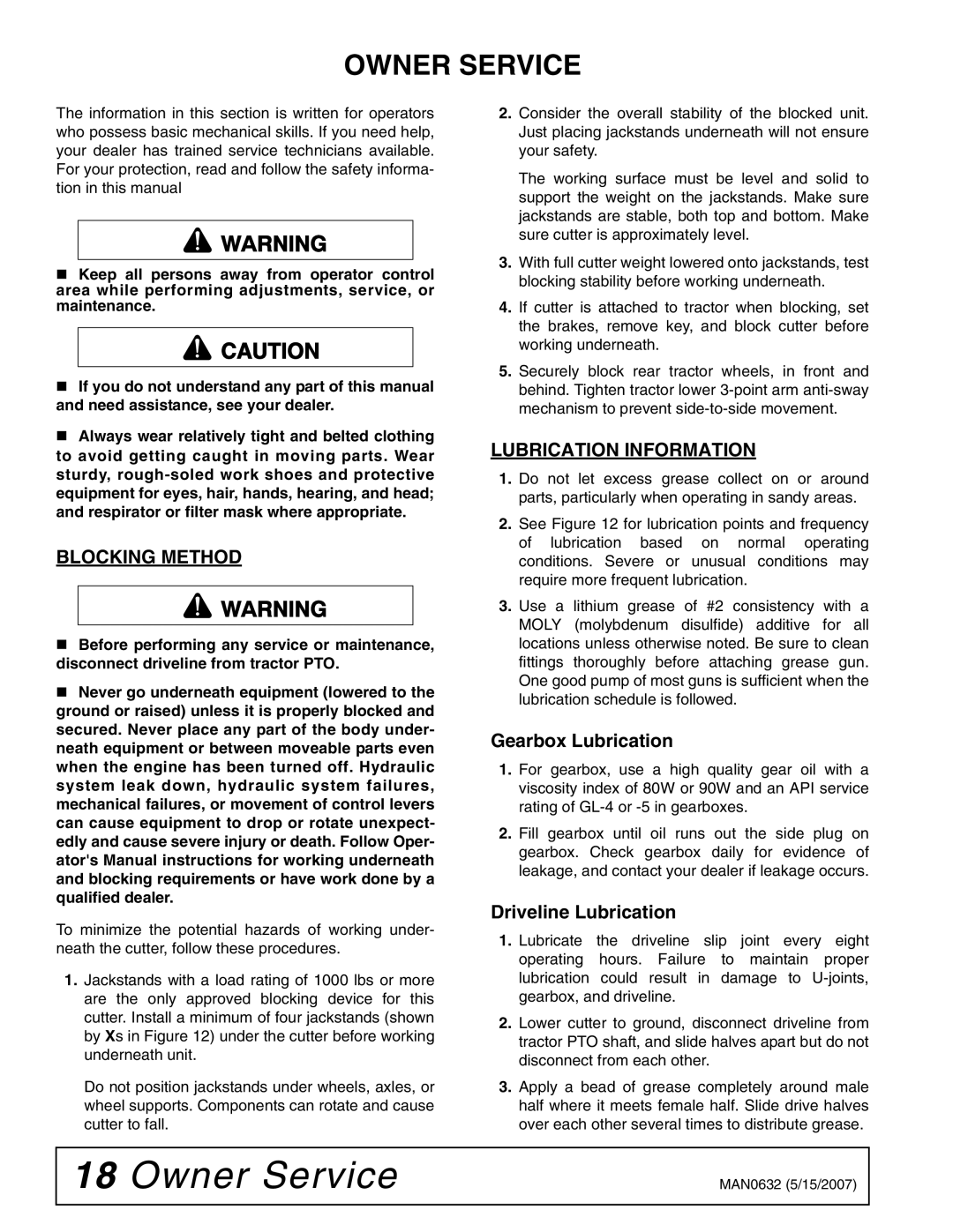 Woods Equipment BB60X, BB48X, BB84X, BB72X manual Owner Service, Blocking Method, Lubrication Information 