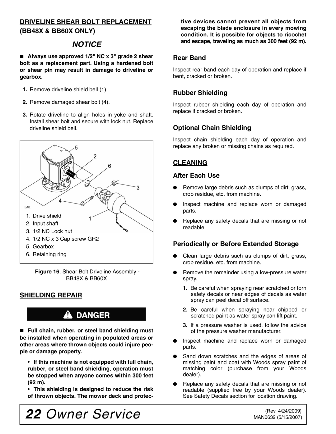 Woods Equipment BB60X, BB48X, BB84X, BB72X manual Driveline Shear Bolt Replacement, Shielding Repair, Cleaning 