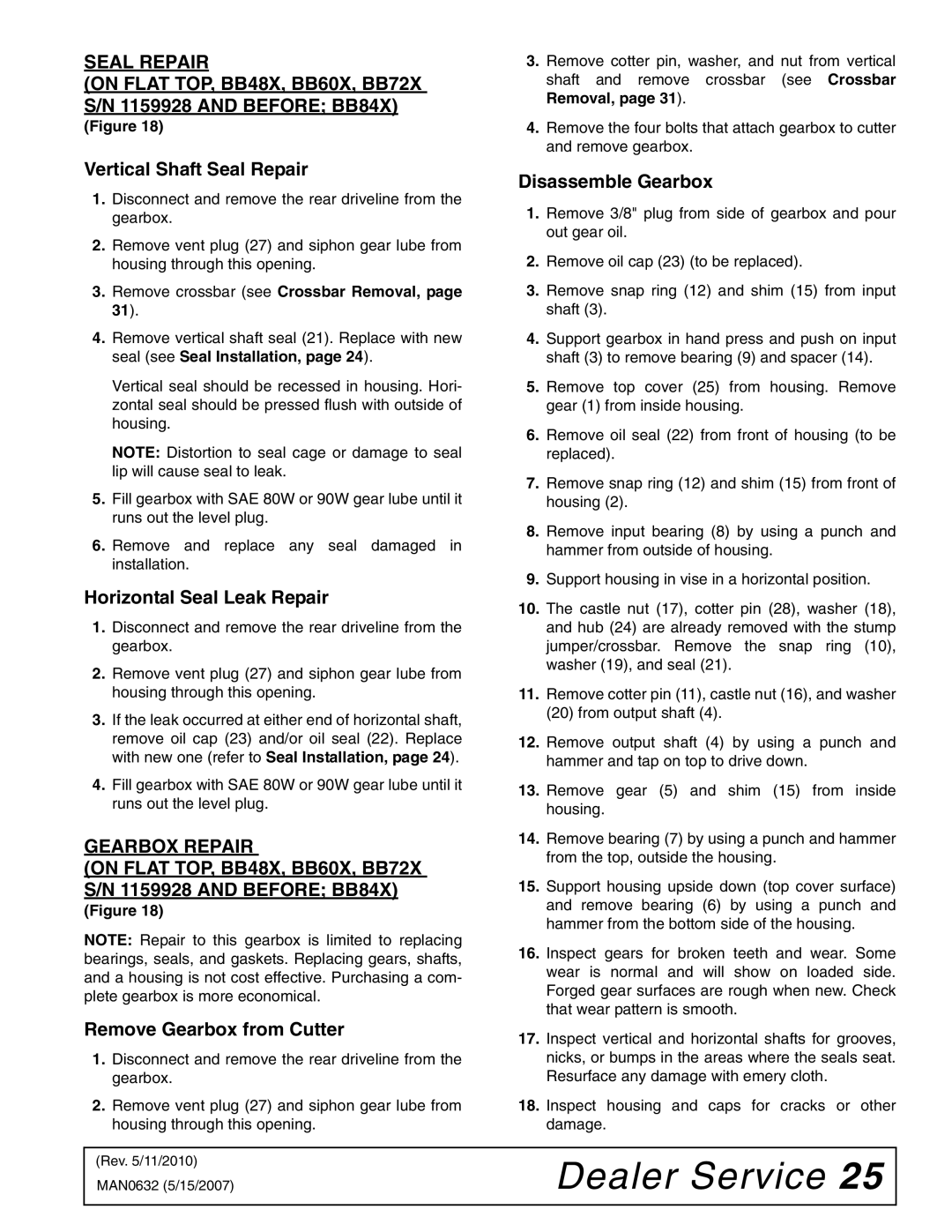 Woods Equipment BB84X, BB48X, BB60X, BB72X manual Vertical Shaft Seal Repair, Horizontal Seal Leak Repair, Gearbox Repair 