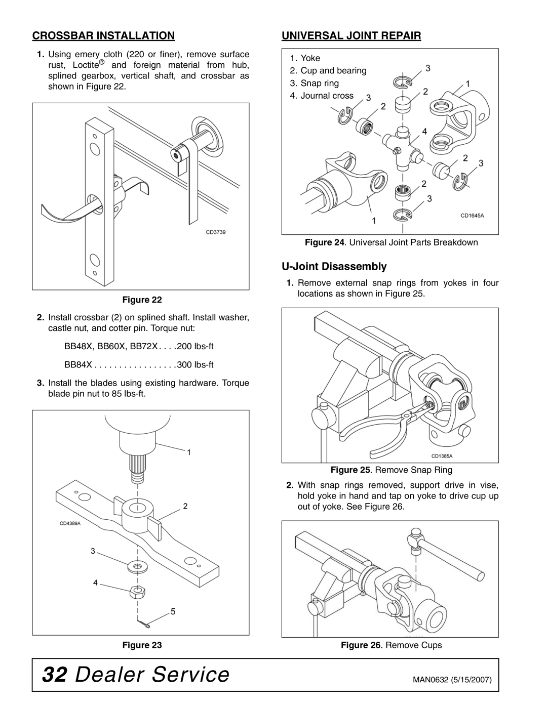 Woods Equipment BB48X, BB84X, BB60X, BB72X manual Crossbar Installation, Universal Joint Repair, Joint Disassembly 