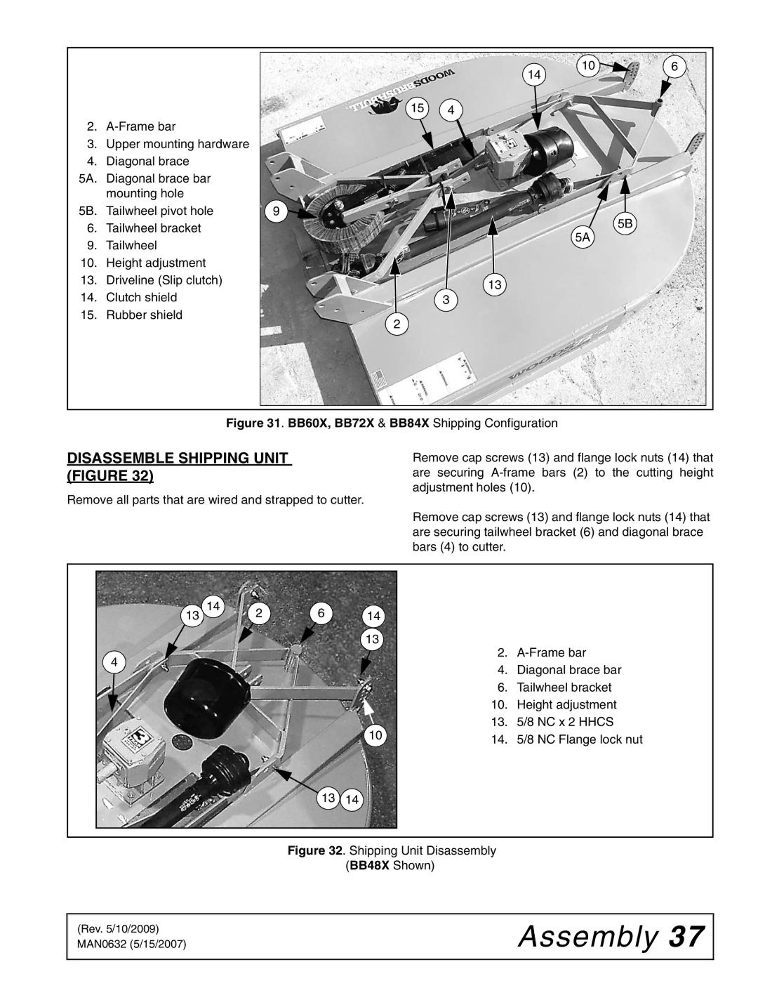 Woods Equipment BB48X manual Disassemble Shipping Unit Figure, BB60X, BB72X & BB84X Shipping Configuration 