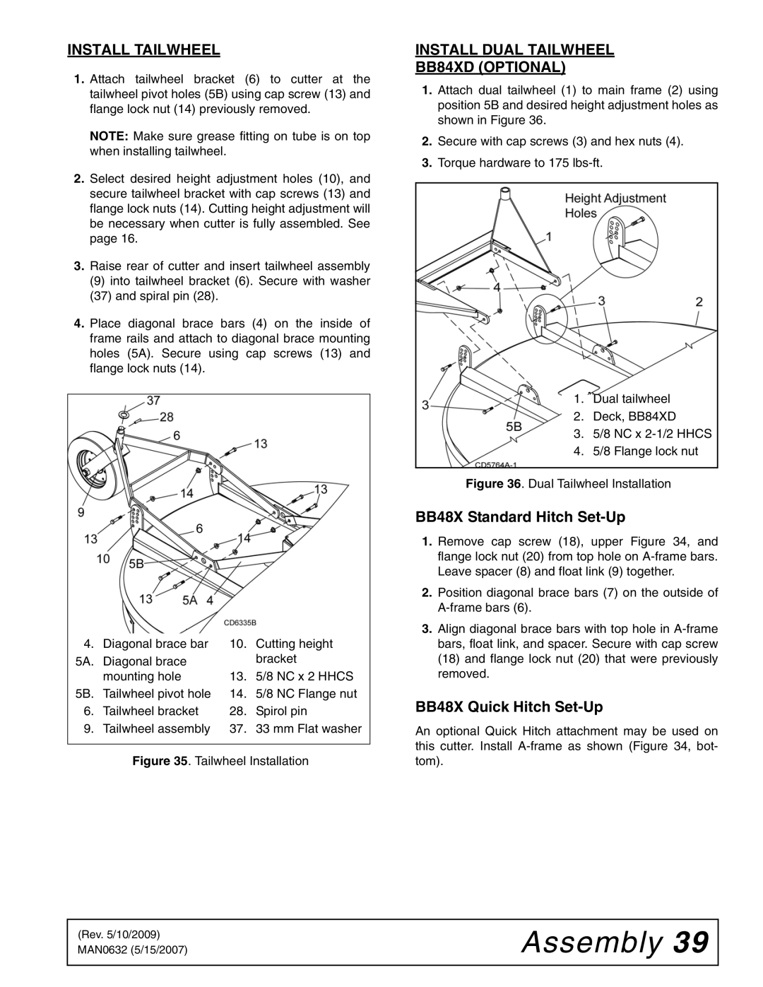 Woods Equipment BB72X, BB60X manual Install Tailwheel, Install Dual Tailwheel BB84XD Optional, BB48X Standard Hitch Set-Up 