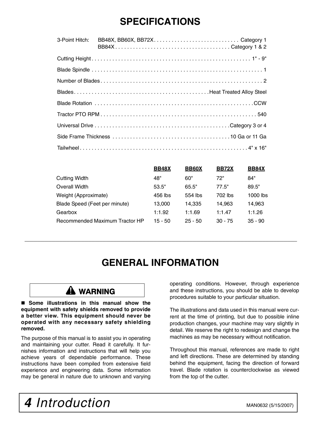 Woods Equipment manual Specifications, General Information, BB48X BB60X BB72X BB84X 