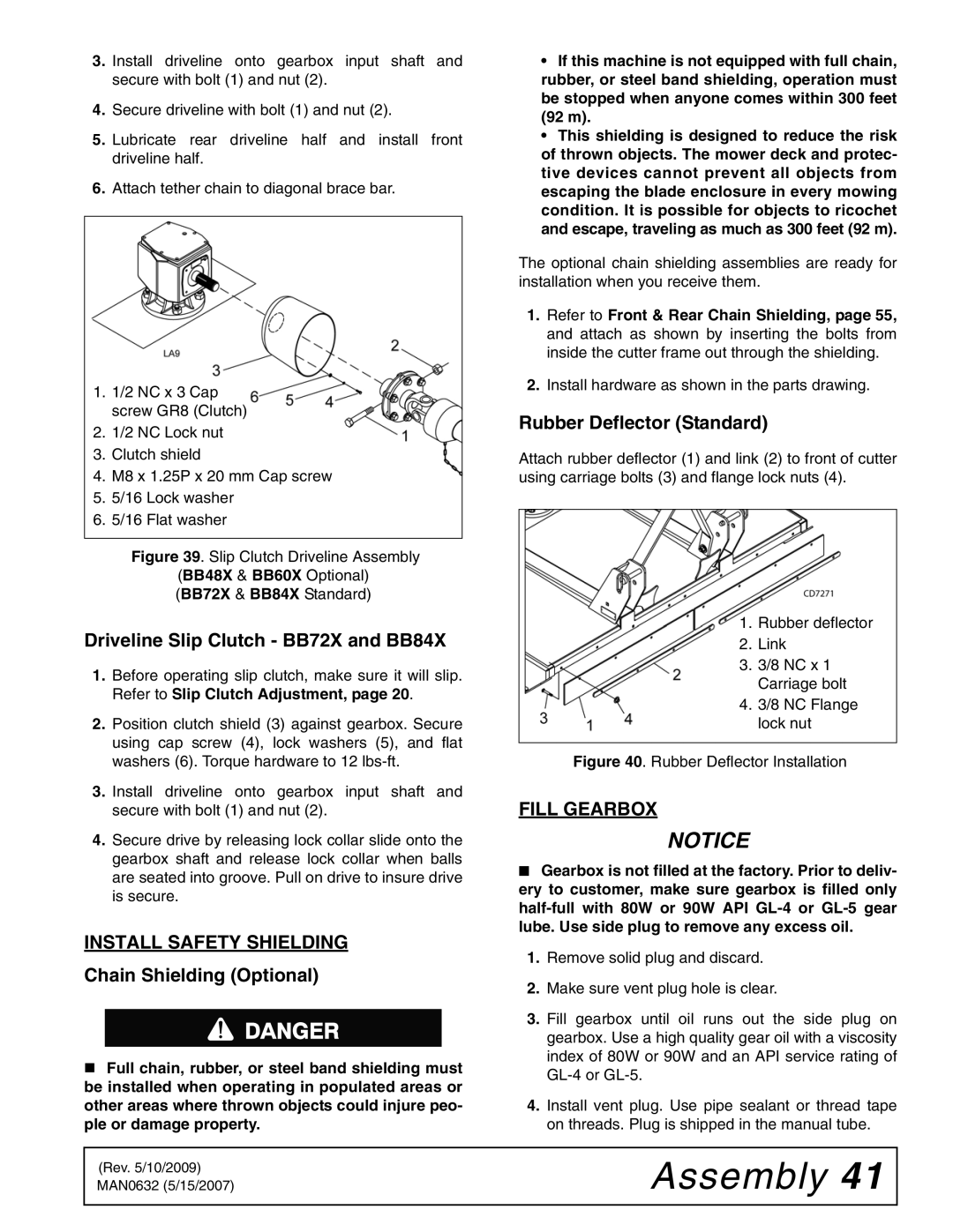 Woods Equipment BB48X, BB60X Driveline Slip Clutch BB72X and BB84X, Install Safety Shielding, Rubber Deflector Standard 