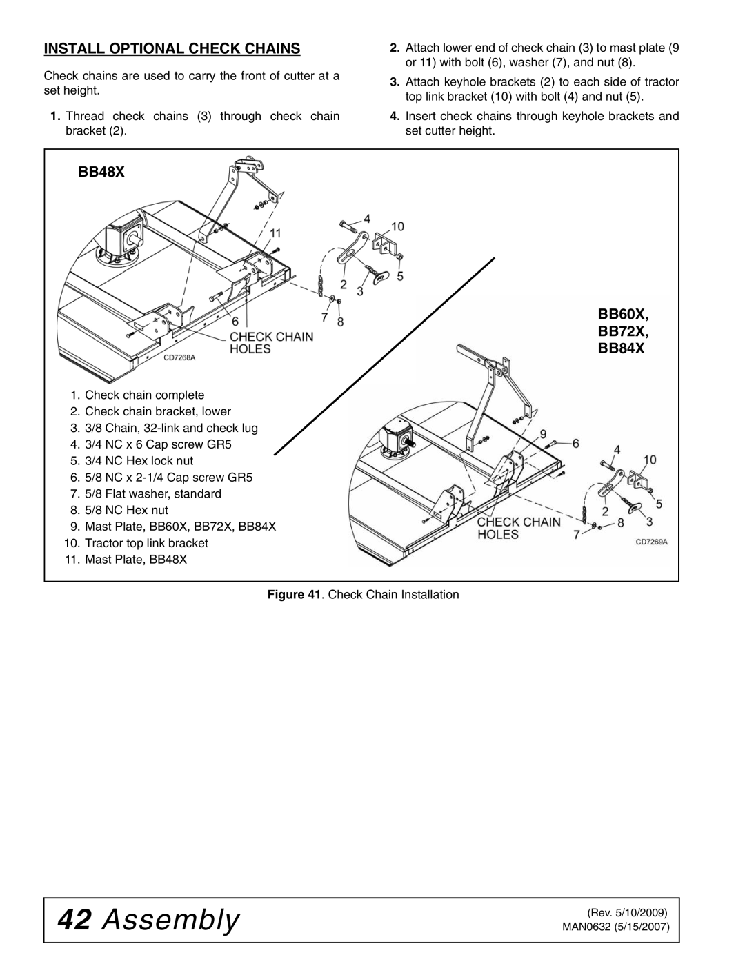 Woods Equipment BB48X manual Install Optional Check Chains, BB60X BB72X, BB84X 