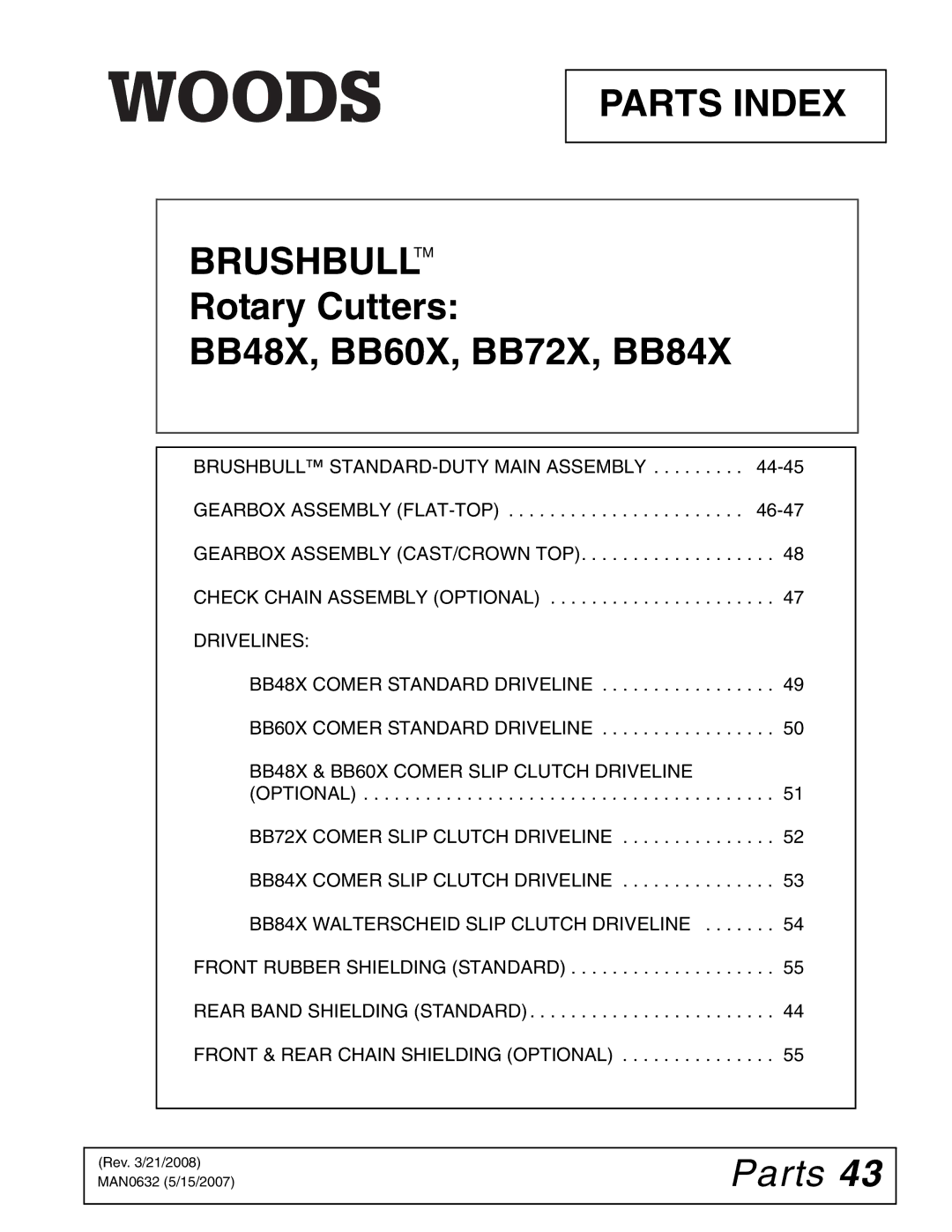 Woods Equipment BB72X, BB48X, BB84X, BB60X manual Parts Index Brushbulltm 