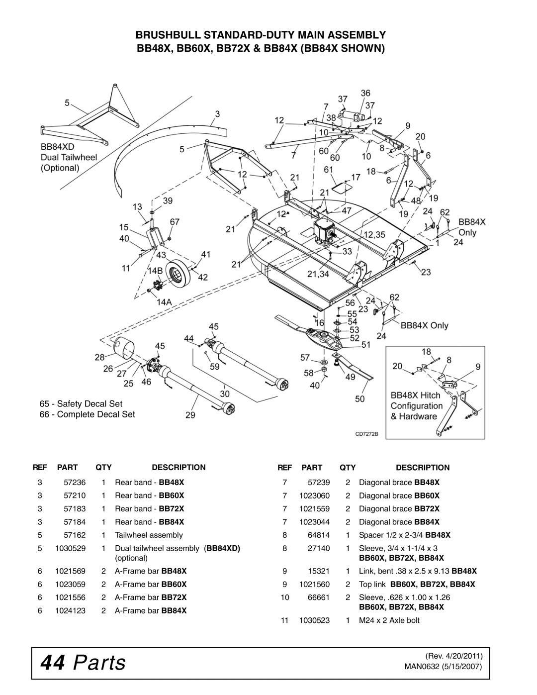 Woods Equipment manual Brushbull STANDARD-DUTY Main Assembly, BB48X, BB60X, BB72X & BB84X BB84X Shown 