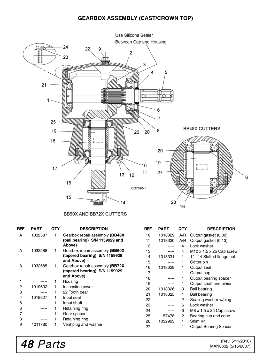 Woods Equipment BB48X, BB84X, BB60X, BB72X manual Gearbox Assembly CAST/CROWN TOP 