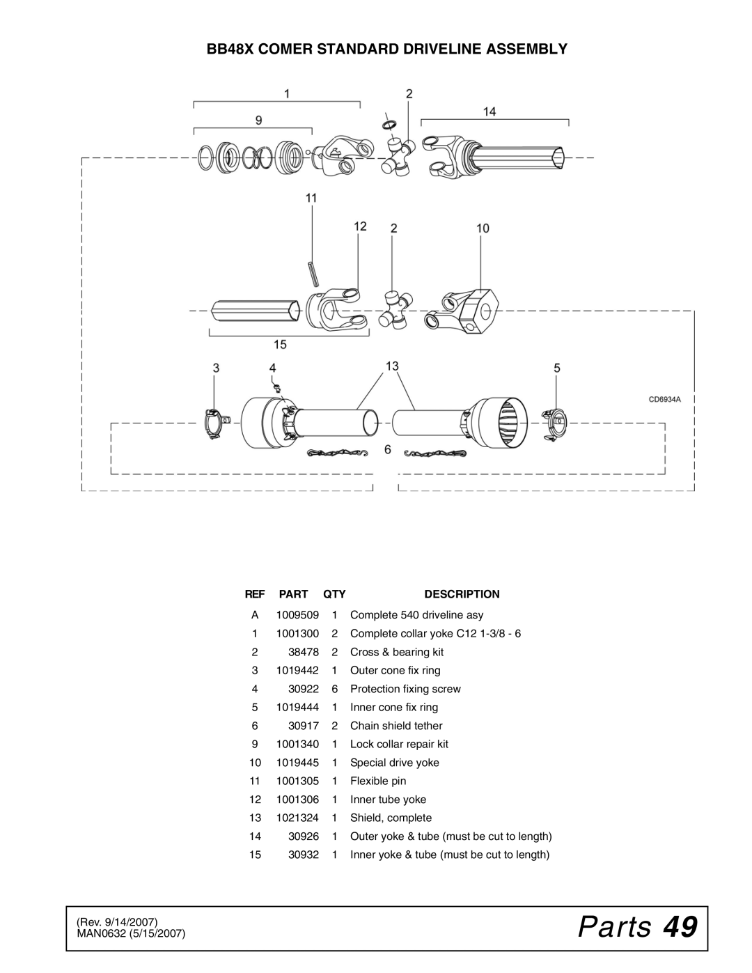 Woods Equipment BB84X, BB60X, BB72X manual BB48X Comer Standard Driveline Assembly 