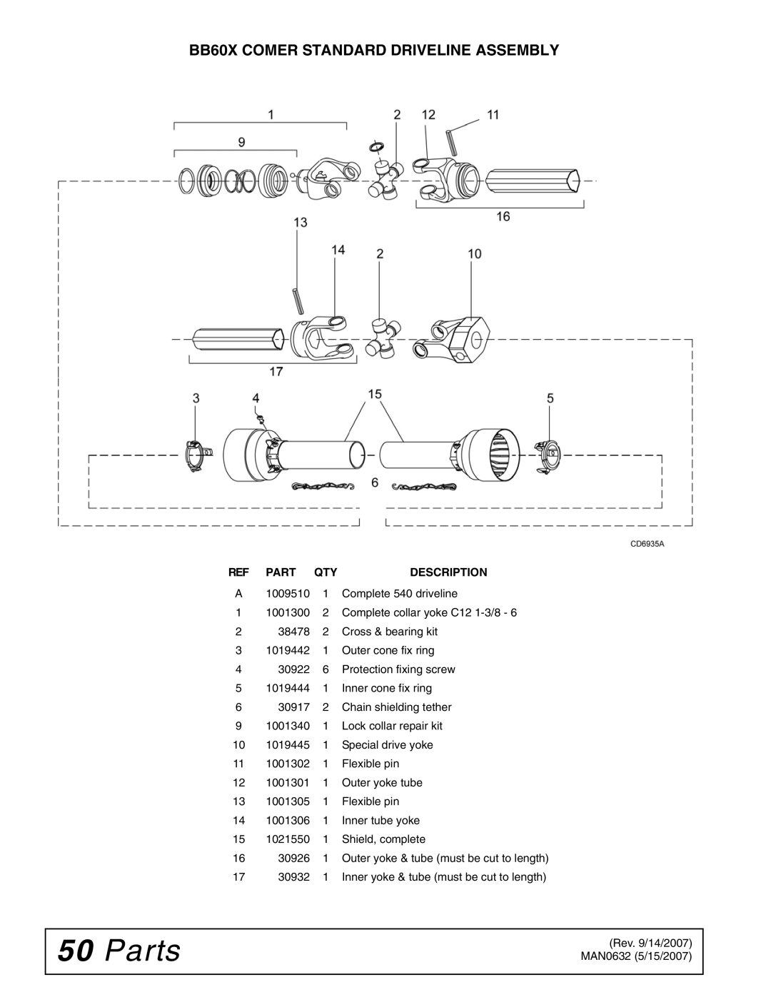 Woods Equipment BB48X, BB84X, BB72X manual BB60X Comer Standard Driveline Assembly 