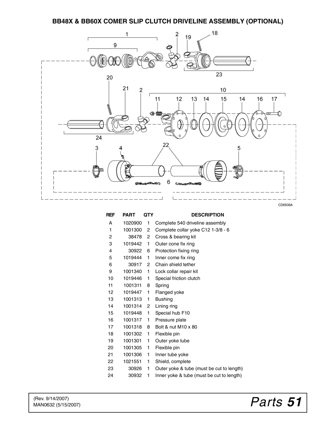 Woods Equipment BB72X, BB84X manual BB48X & BB60X Comer Slip Clutch Driveline Assembly Optional 