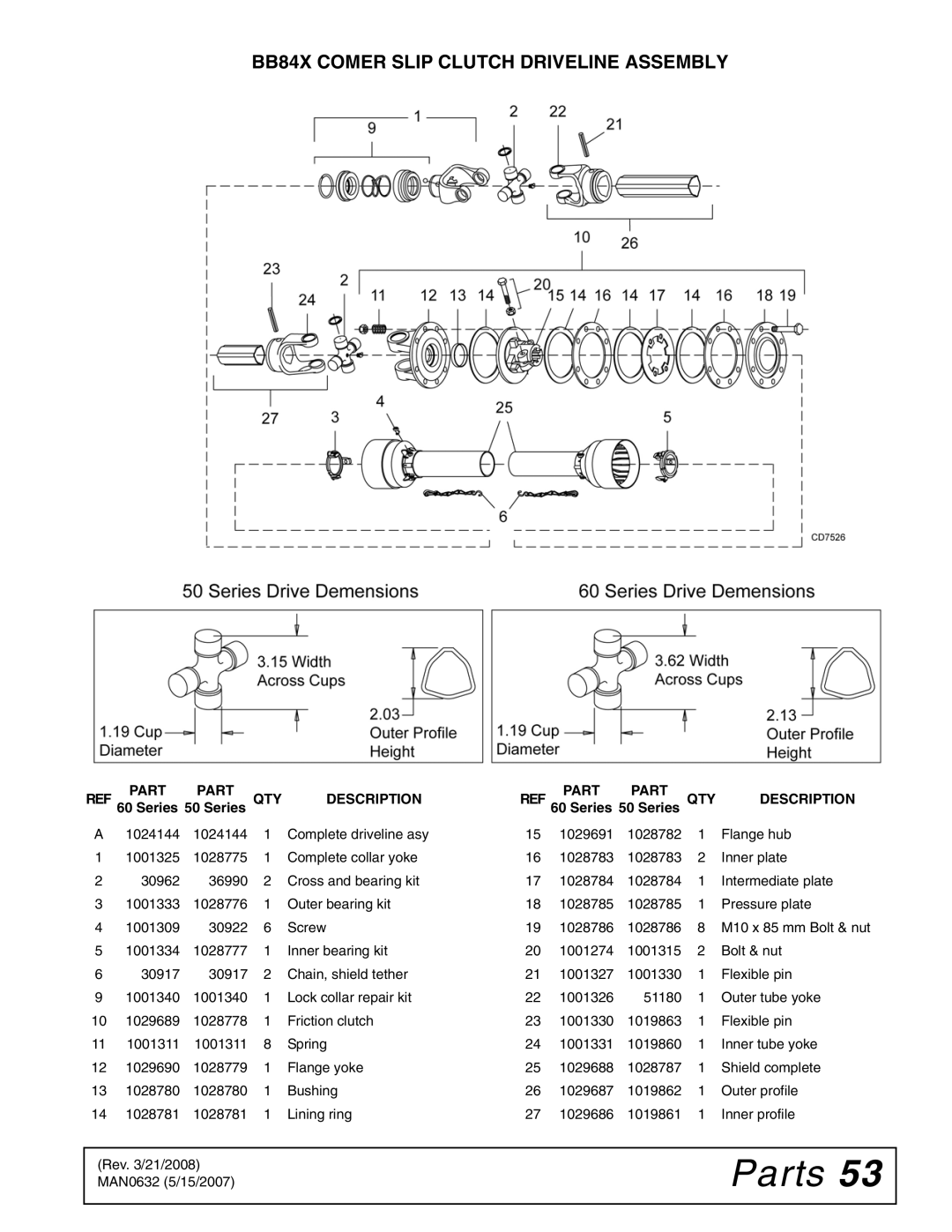 Woods Equipment BB48X, BB60X, BB72X manual BB84X Comer Slip Clutch Driveline Assembly, Series 50 Series 