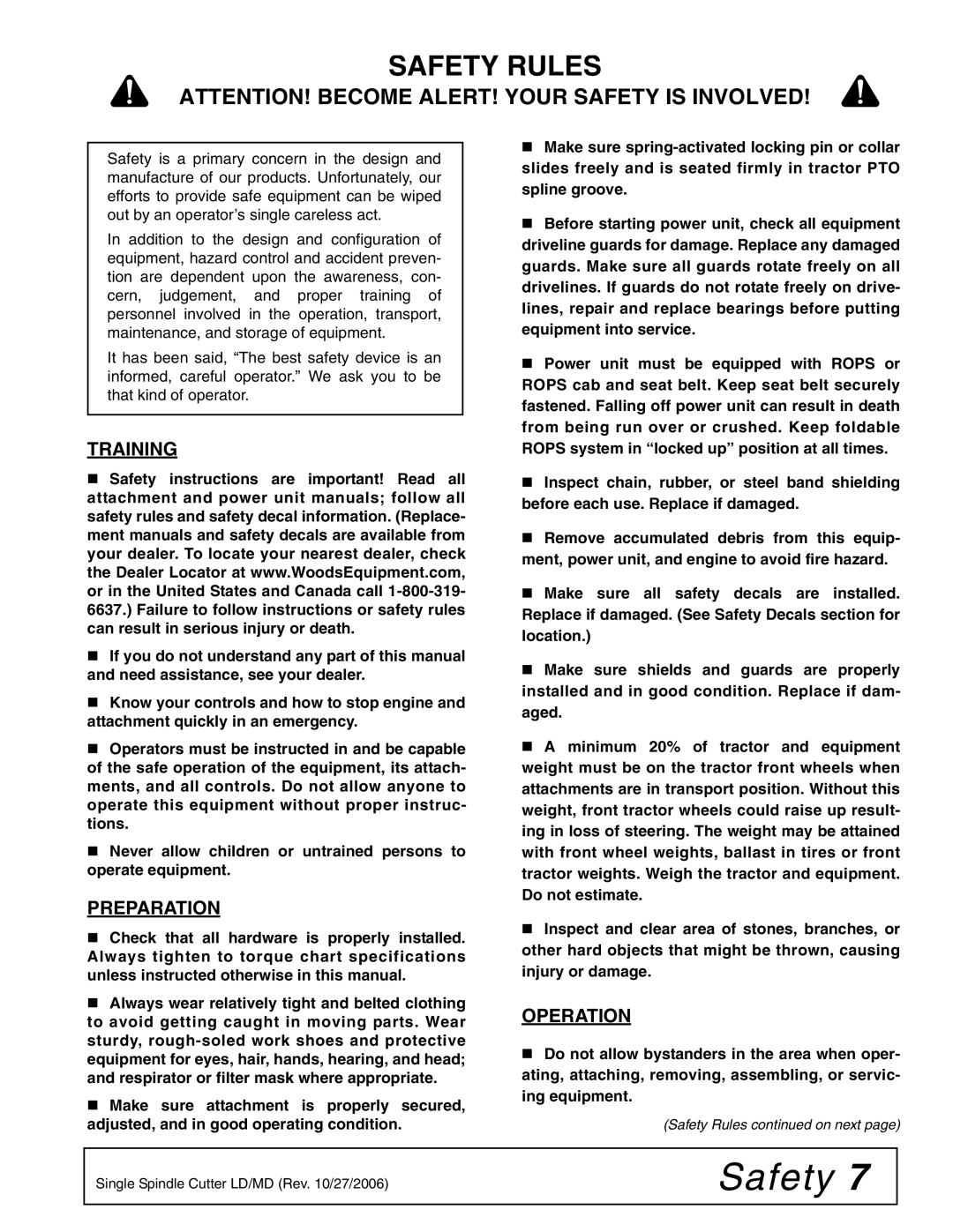 Woods Equipment BB72X, BB48X, BB84X, BB60X manual Safety Rules, Training, Preparation, Operation 