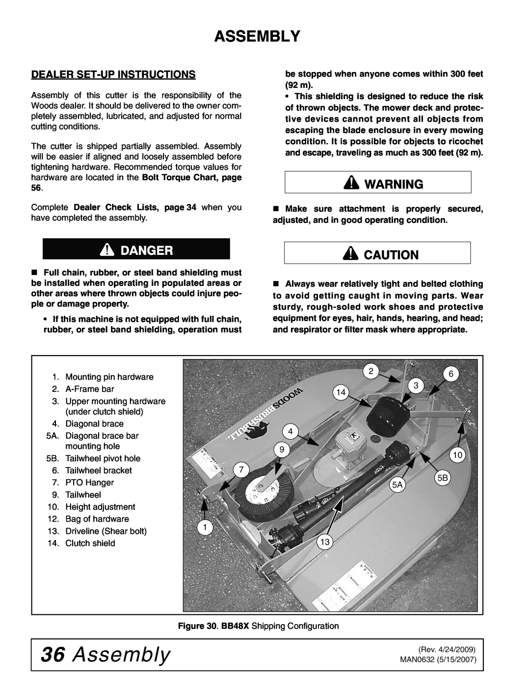 Woods Equipment BB48X, BB84X, BB60X, BB72X manual 36Assembly, Dealer Set-Upinstructions 